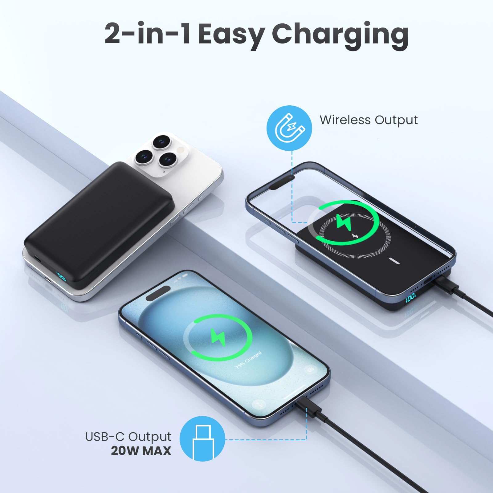 HETP Magnetico Power Bank, 10800mAh Caricabatterie Portatile Wireless PD 20W USB-C Ingresso/Uscita Ricarica Rapida Powerbank con Display LED Compatibile con Magsafe iPhone 15/14/13/12 Serie - Nero