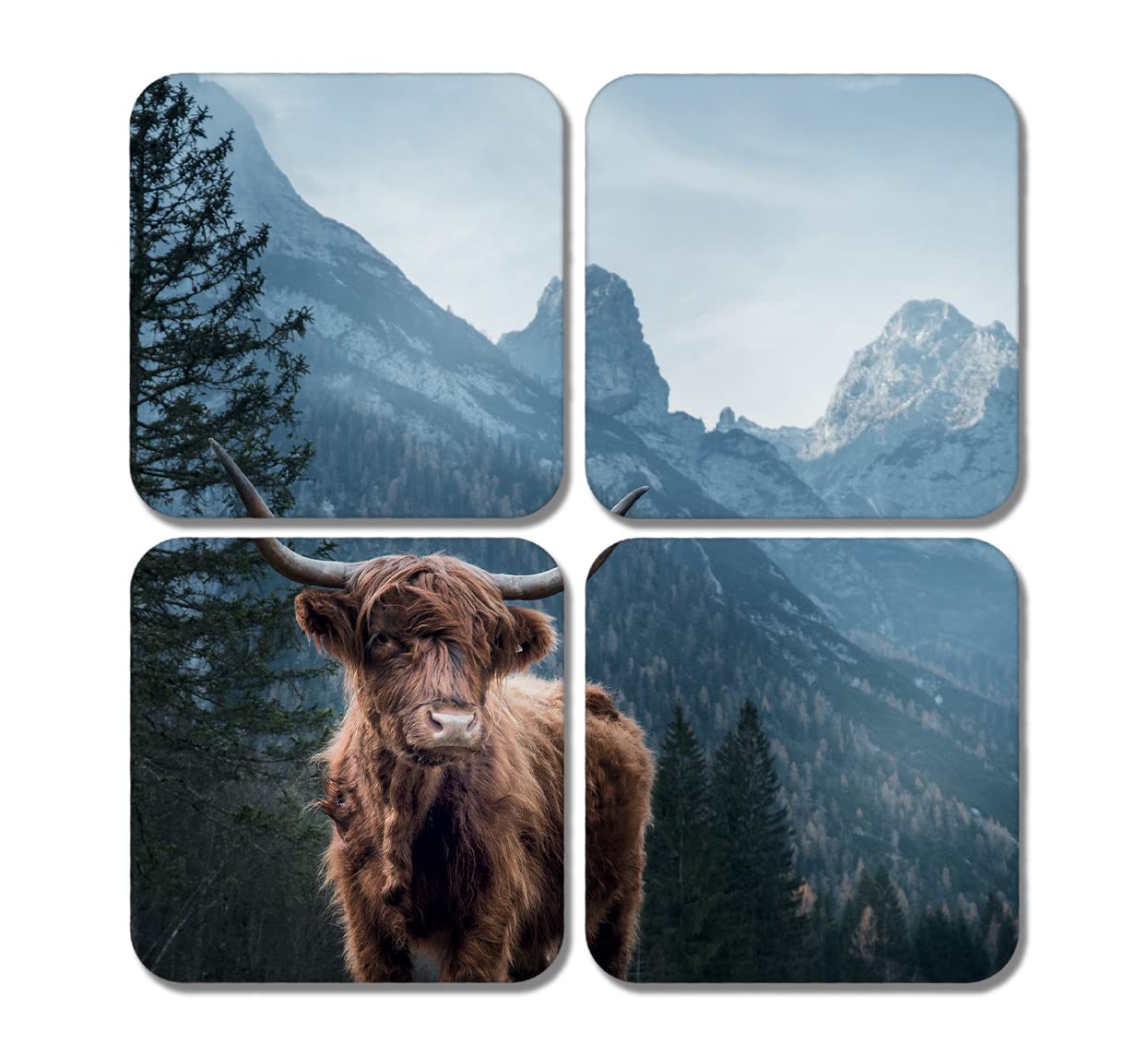 4 x Square Highland Cow Coasters - Animals Mountains Landscape Nature Scottish Jigsaw Gift #78333