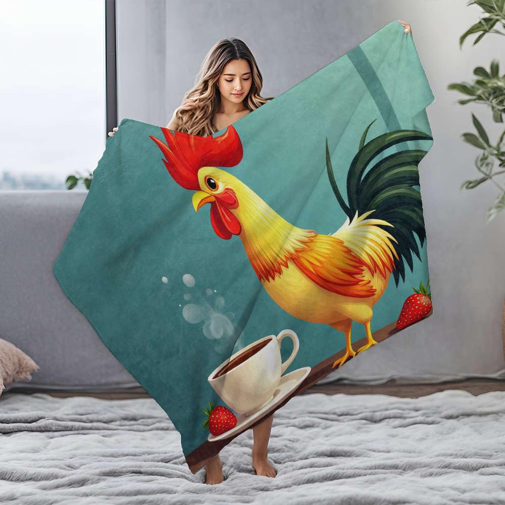 Couverture flanelle douce au motif coq et café 150x200cm