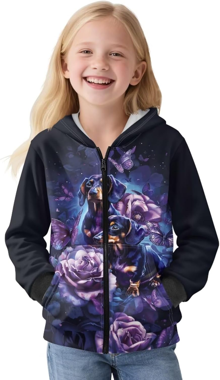 Cute Animals Print Kids Zipper Hoodies Girls Comfy Soft Long Sleeve Hooded Sweatshirt with Pocket
