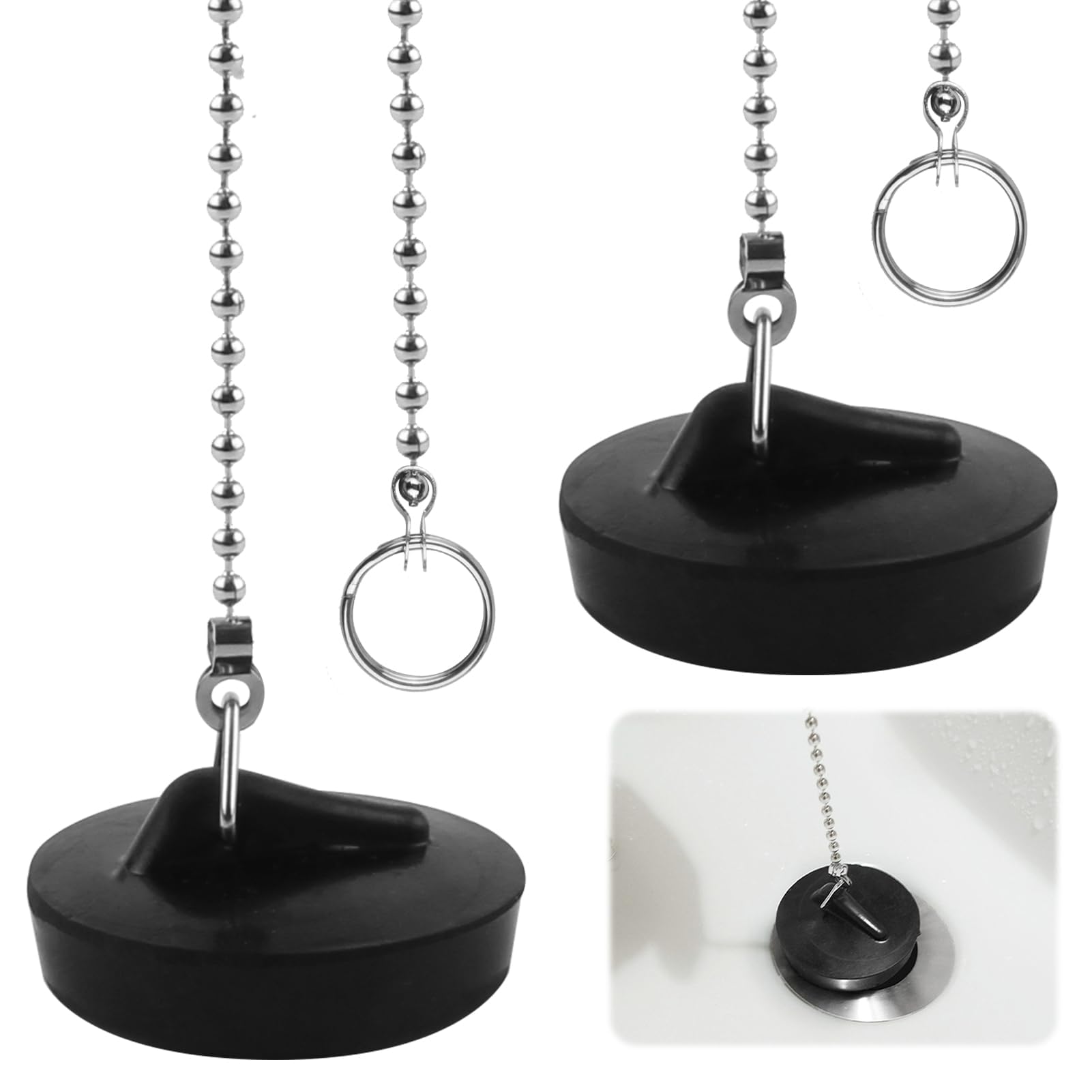 Bath Plug 2 Pcs, Universal Rubber Bath Plug, Chain – Durable Sink Plugs