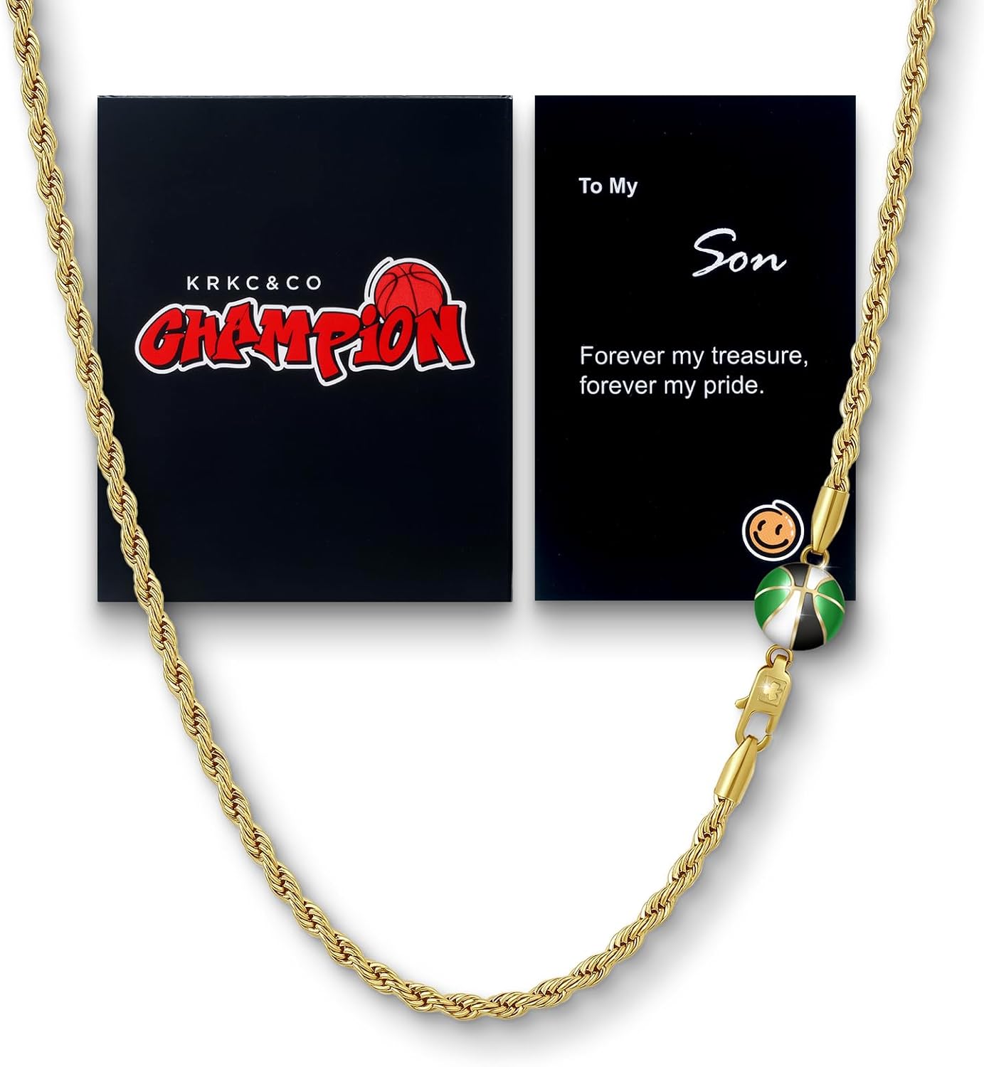 KRKC&CO Rope Chain with Basketball Necklace Pendant for Son/Boy, 14K Gold Plated, 3mm 20in, 316L Stainless Steel, Hypoallergenic Sports Fans Jewelry, Packaging with Gift Box & Card on Birthday