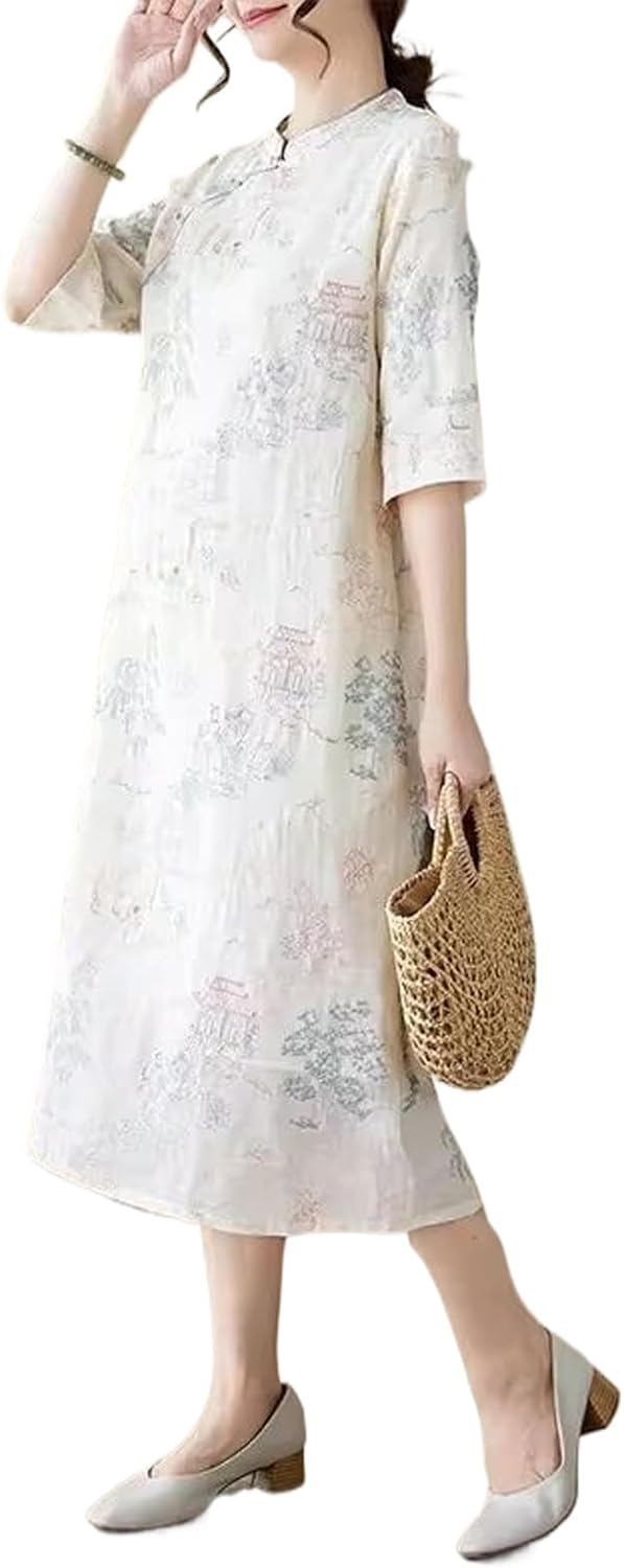 エレガントなスリミングコットンリネンの女性のドレス中国風の刺繍オールシーズン
