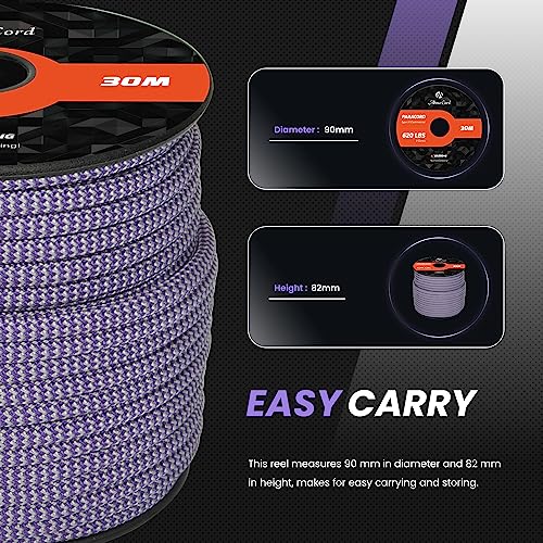 Abma Cord Paracord 620 lbs 4mm 9 Strands 100% Nylon 30M - Purple & Silver Grey, Shockwave-purple & Silver Grey, 30 Meters - Image 2