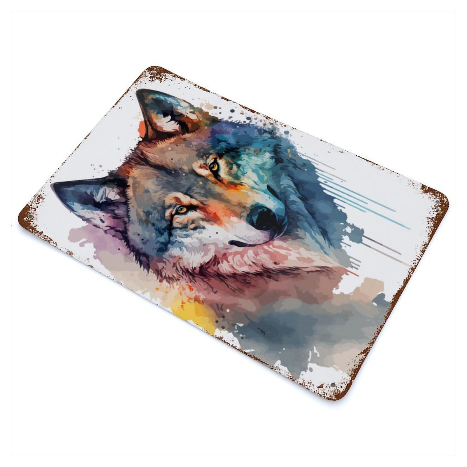 Wolf Head Watercolor Rusty Metal Tin Sign 11.8"x7.9", Ideal for Patio, Garden Room And Bar Decor