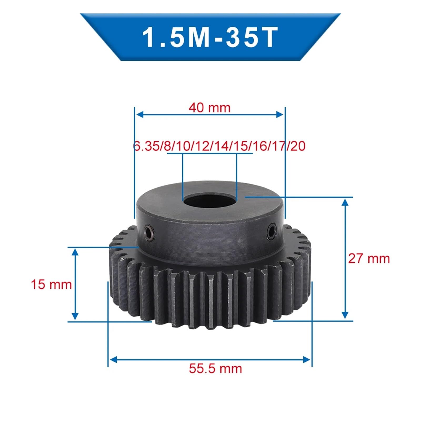 1 sztuka 1,5M35T średnica otworu koła czołowego 6/6,35/8/10/12/14/15/16/17/20 mm zębatka z miękkiej stali zębatej (12 mm)