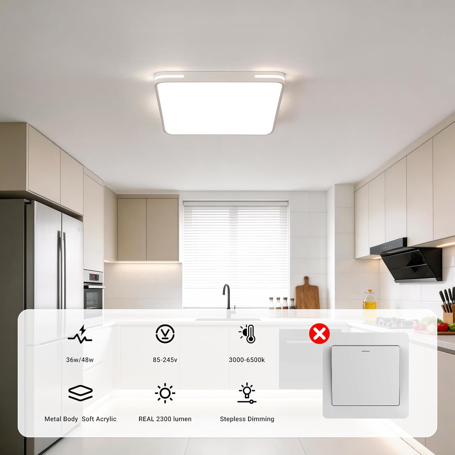 USOR Square LED Ceiling Light, 36W Ultra Thin Rectangular Flush Mount Panel, 3CCT Selectable, Dimmable with Remote, Modern Low Profile Light for Bedroom, Kitchen, Living Room,