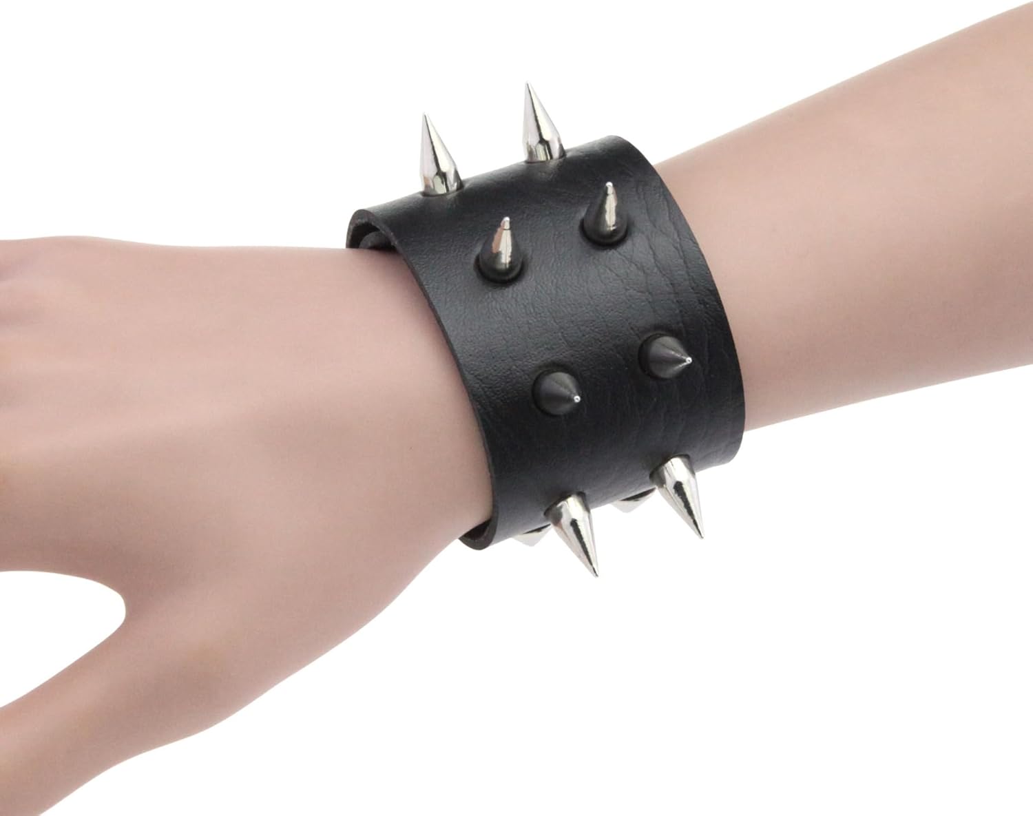 FM FM42 Multicolor PU Simulated Leather Rivets Spikes 1.69" Width Adjustable Snap Button Bracelet, Pack of 2 PCs - Image 3