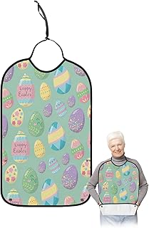 BOBOWUNY Spring Easter Adult Bibs for Elder Women Men Eating, Colorful Eggs Green Backdrop Waterproof & Washable Bibs for Eating Clothing Protector Dining Bibs for Crumb Catcher
