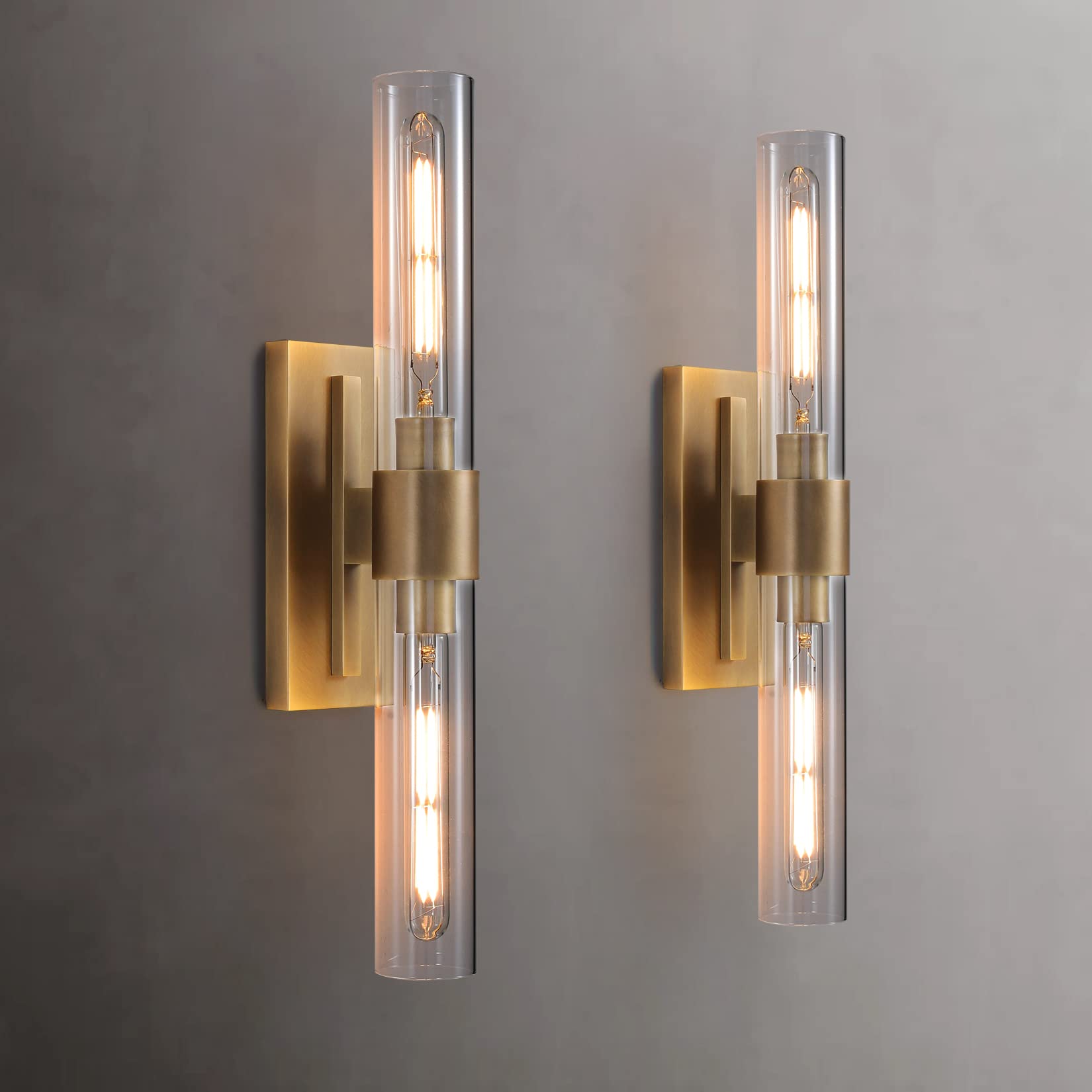 YUYI Brass Wall Sconces Set of Two, Bathroom Light with Clear Glass Shade, Wall Lamp Indoor Vanity Light for Mirror, Living Room, Bedroom, Hallway, Fireplace, Staircase(Including Bulb)