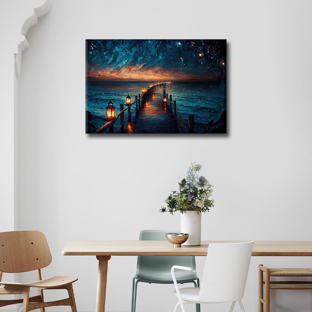 TISHIRON Seascape Wall Art Glitter Glow Starry Sky in Night Oil Painting Style for Living Room Bedroom Wall Decor Canvas Modern Home Decor for Background Wallpaper Prints 16"x24" - Image 4