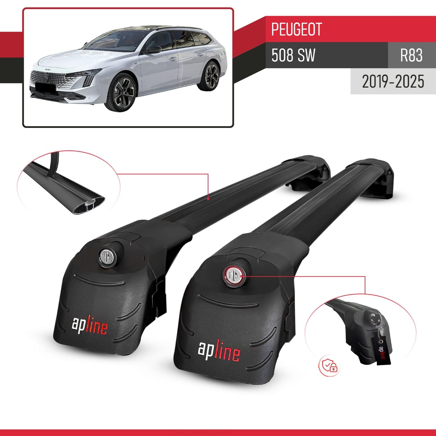 MDAK Compatible con Peugeot 508 SW 2019-2025 Ace-2 Barras de Techo Auto Portaequipajes Barras Transversales Negro Aluminio 2 Barras