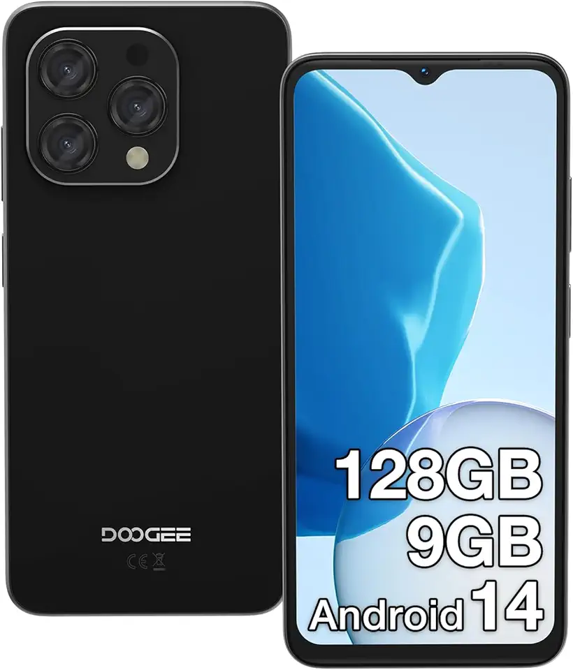 DOOGEE N55 Smartphone Android 14, 6.56 Pulgadas HD+, Octa Core, 9GB RAM+128GB ROM/Ampliable 1TB, 13MP+8MP Cámaras, 5150mAh, Telefonos Moviles Libres Dual SIM 4G, Face ID, OTG, Negro