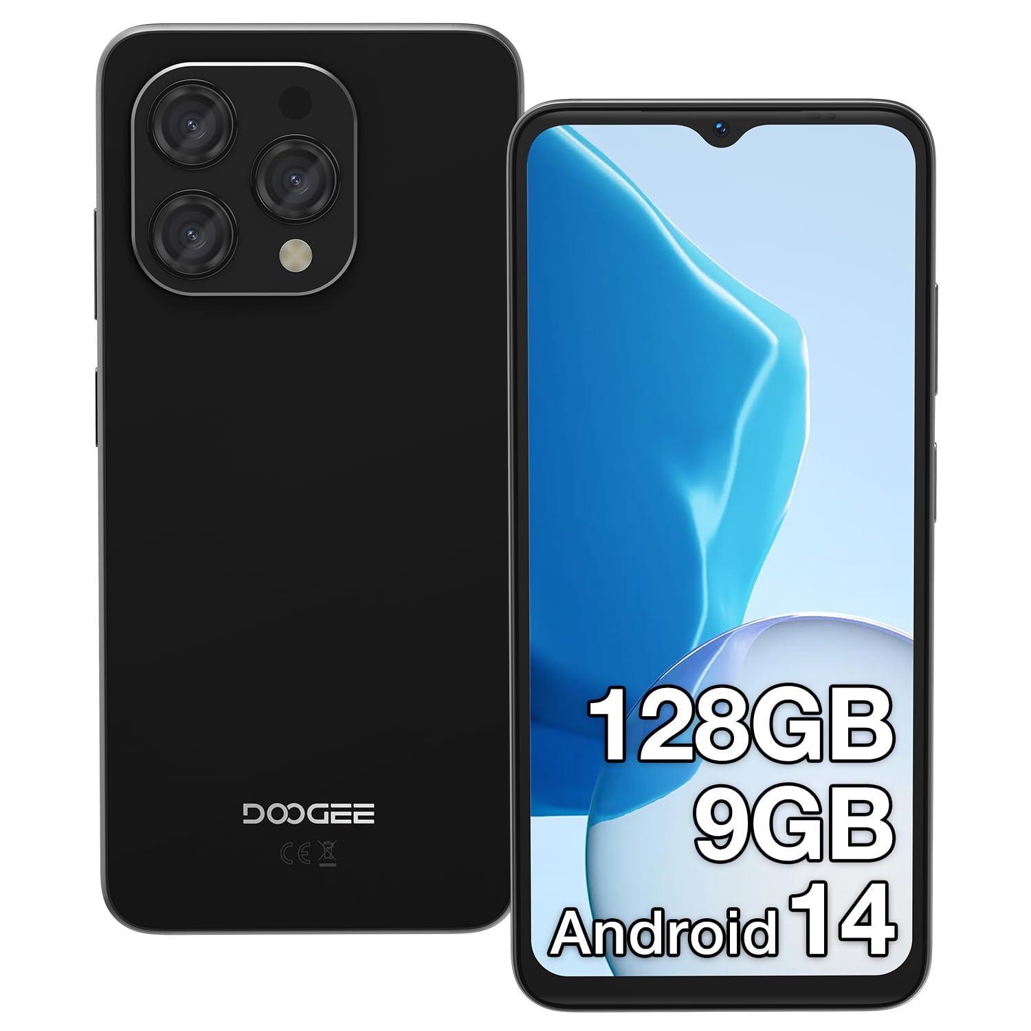 DOOGEE N55 Smartphone Android 14, 6.56 Pollici HD+ Display, 9GB RAM+128GB ROM/Espandibile 1TB, Octa-Core, 5150mAh, 13MP+8MP Fotocamere, 4G Telefono Cellulare Dual SIM, Face ID, GPS, OTG, Nero