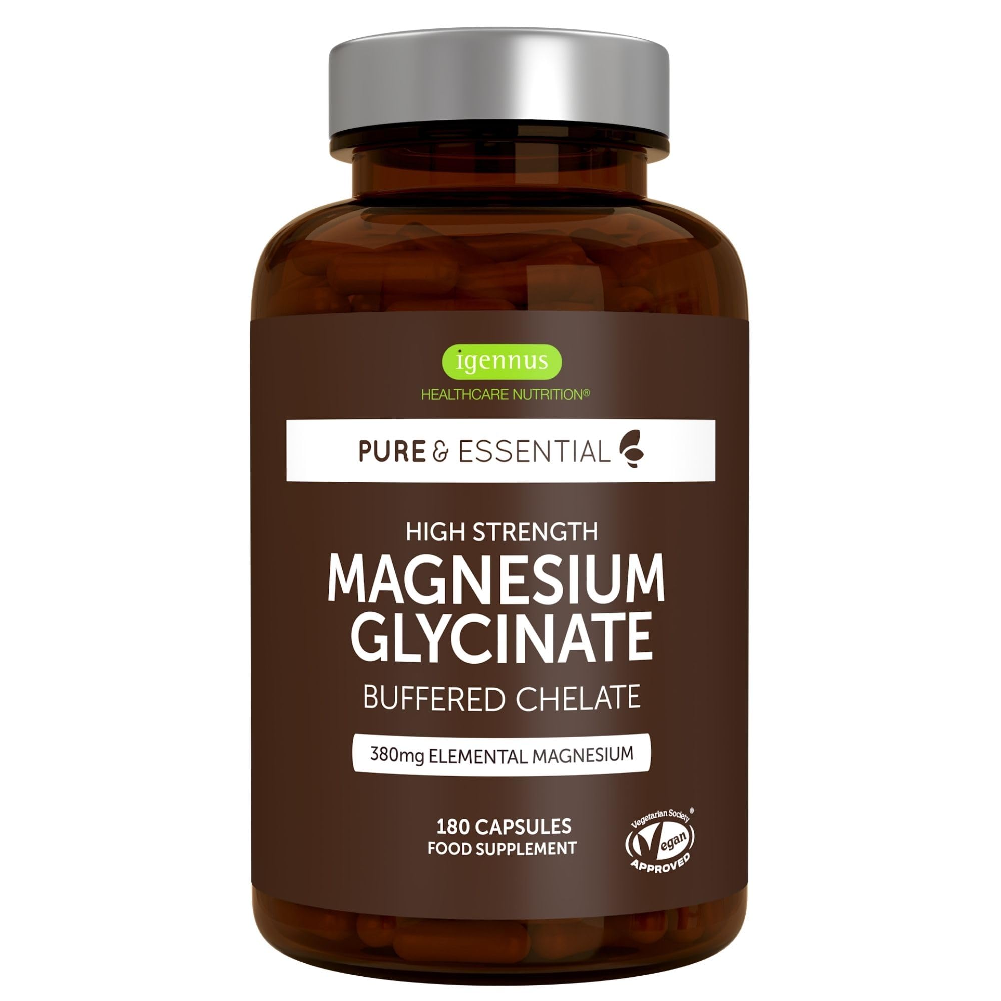 Igennus Magnesio Glicinato Chelato 380mg, 180 Capsule (3 Mesi), Bisglicinato Puro ad Alto Assorbimento, Delicato sullo Stomaco, Supporta Sonno, Muscoli e Sistema Nervoso, Ingredienti Puri e Vegani