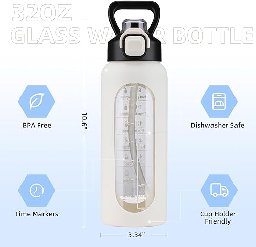 Miniatura 4 de SIEROZUR Botella de agua de vidrio de 32 onzas con popote y asa, botella de vidrio deportiva a prueba de fugas con marcador de tiempo, jarra de agua