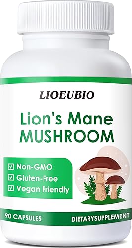 LIOEUBIO Complejo de hongos con melena de león, reishi, cordyceps y vitamina C, sin OMG, 90 cápsulas veganas