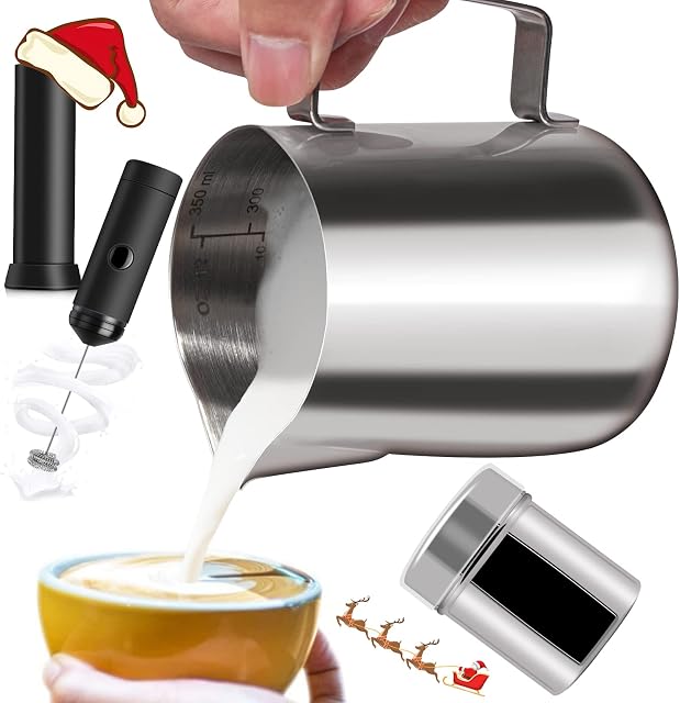 Milk Jug, 350ml/12 fl.oz 304 Stainless Steel Milk Cup & Handheld Milk Frother Milk Frothing Pitcher Milk Pitcher for Making Latte Coffee Art, Cappuccino