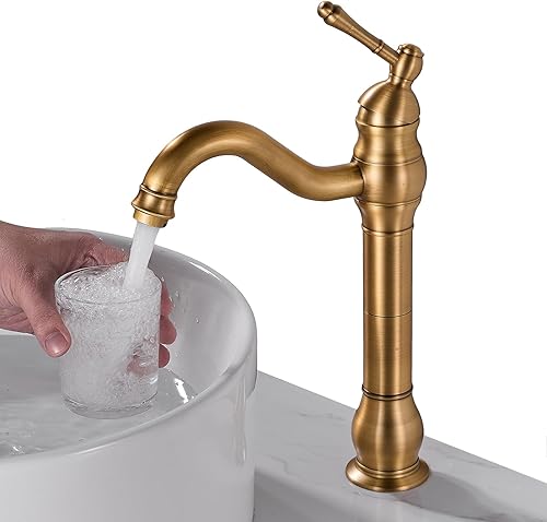 Grifo de baño de oro cepillado, mango único giratorio de 360, perfecto para fregadero de recipiente, drenaje desplegable a juego, tocador de granja