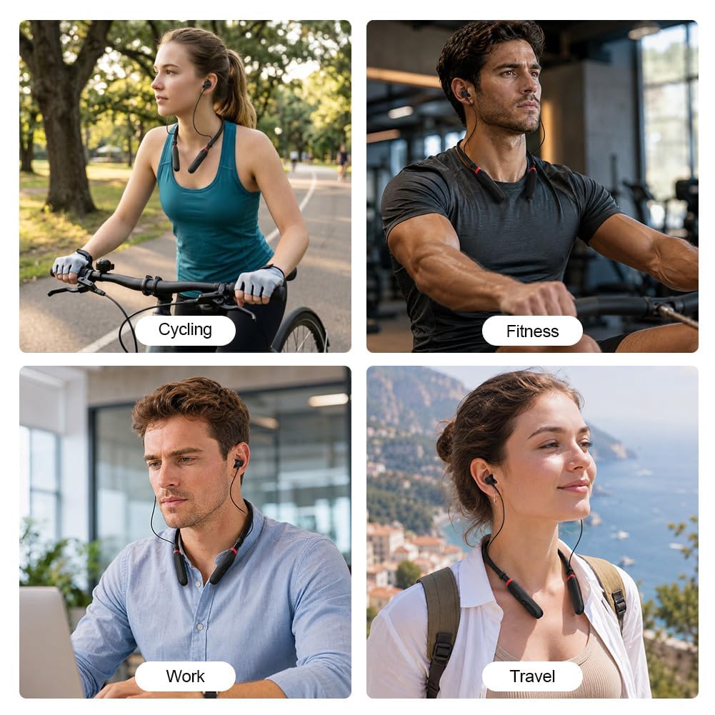 Cuffie Bluetooth con Archetto da Collo 200H di Riproduzione, Auricolari In-Ear Bluetooth 5.3, Cuffie Sportive a Collare, IPX4 Cuffie Wireless Magnetiche per Sport Corsa Palestra Cantiere, Nero