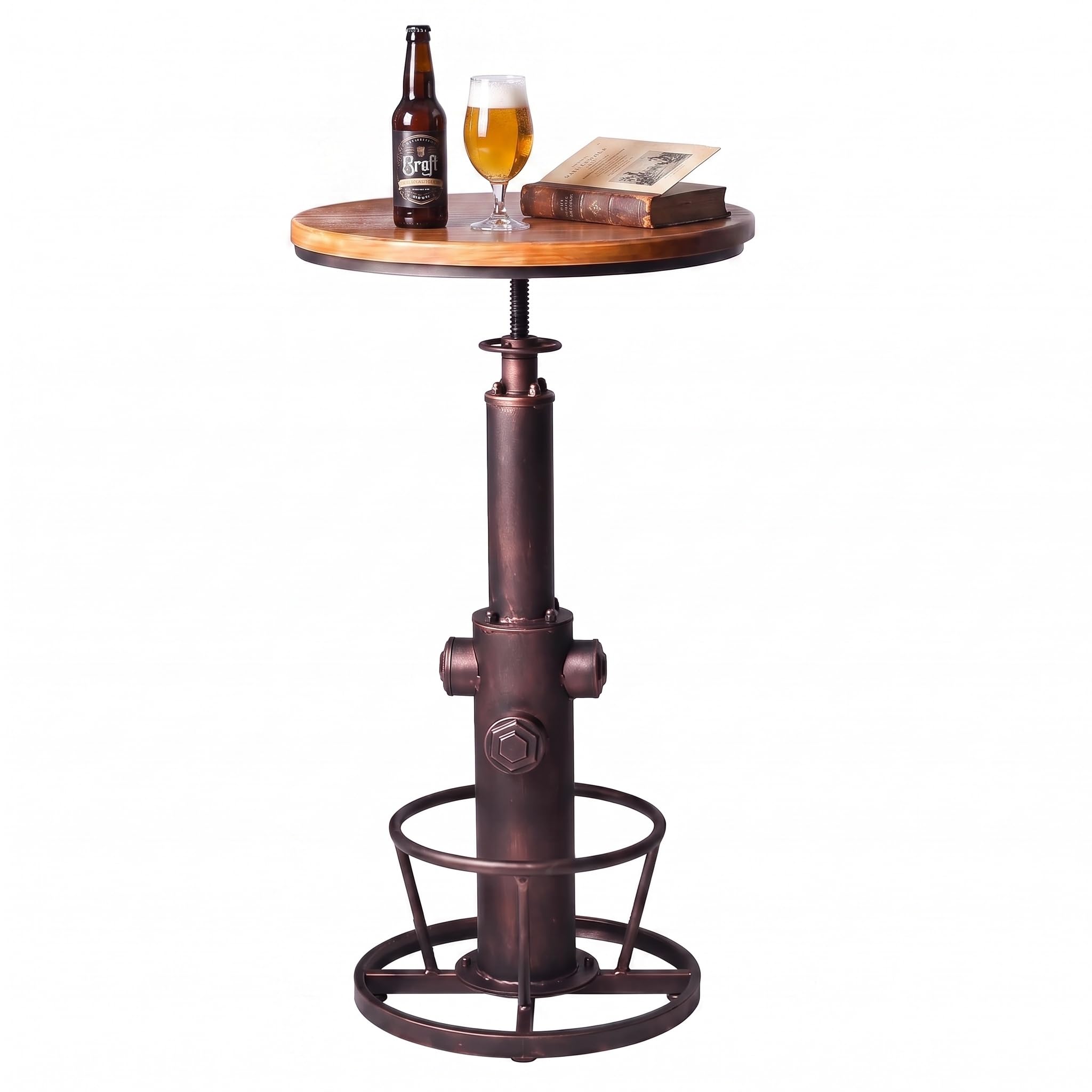 BOKKOLIK Industrial Bar Table Swivel Round Wooden Top Height Adjustable Copper