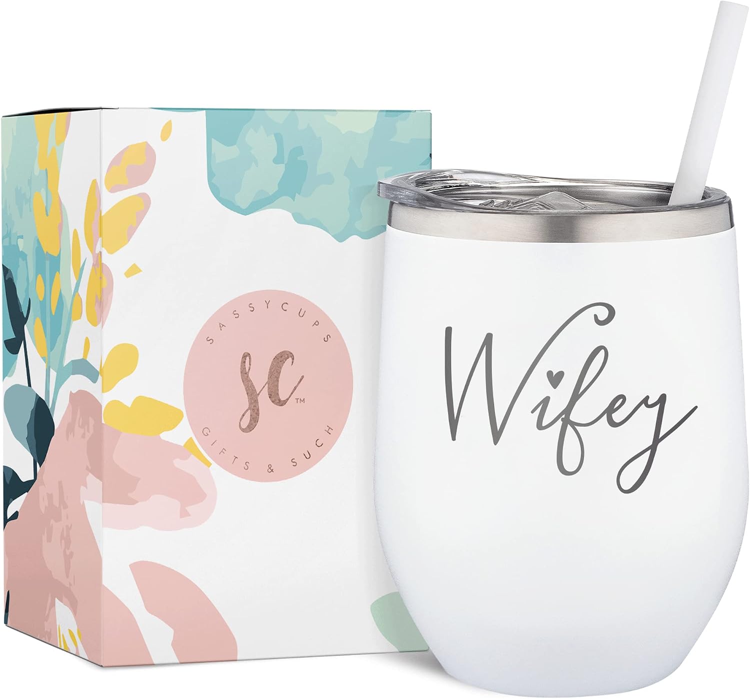 Wifey Engraved Stainless Steel Vacuum Insulated Wine Glass Tumbler with Lid and Straw - Bridal Shower Bride Cup - Bachelorette Party - Engagement Tumbler - Wife Anniversary, Bridal Shower, Wedding