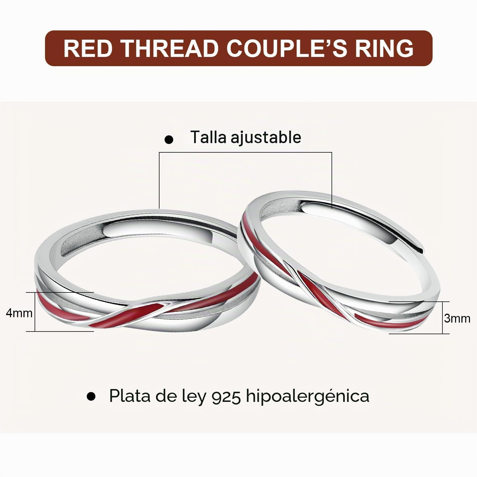 Anillo para hombre de plata con la línea roja de plata de ley para boda anillos ajustables para hombre y mujer