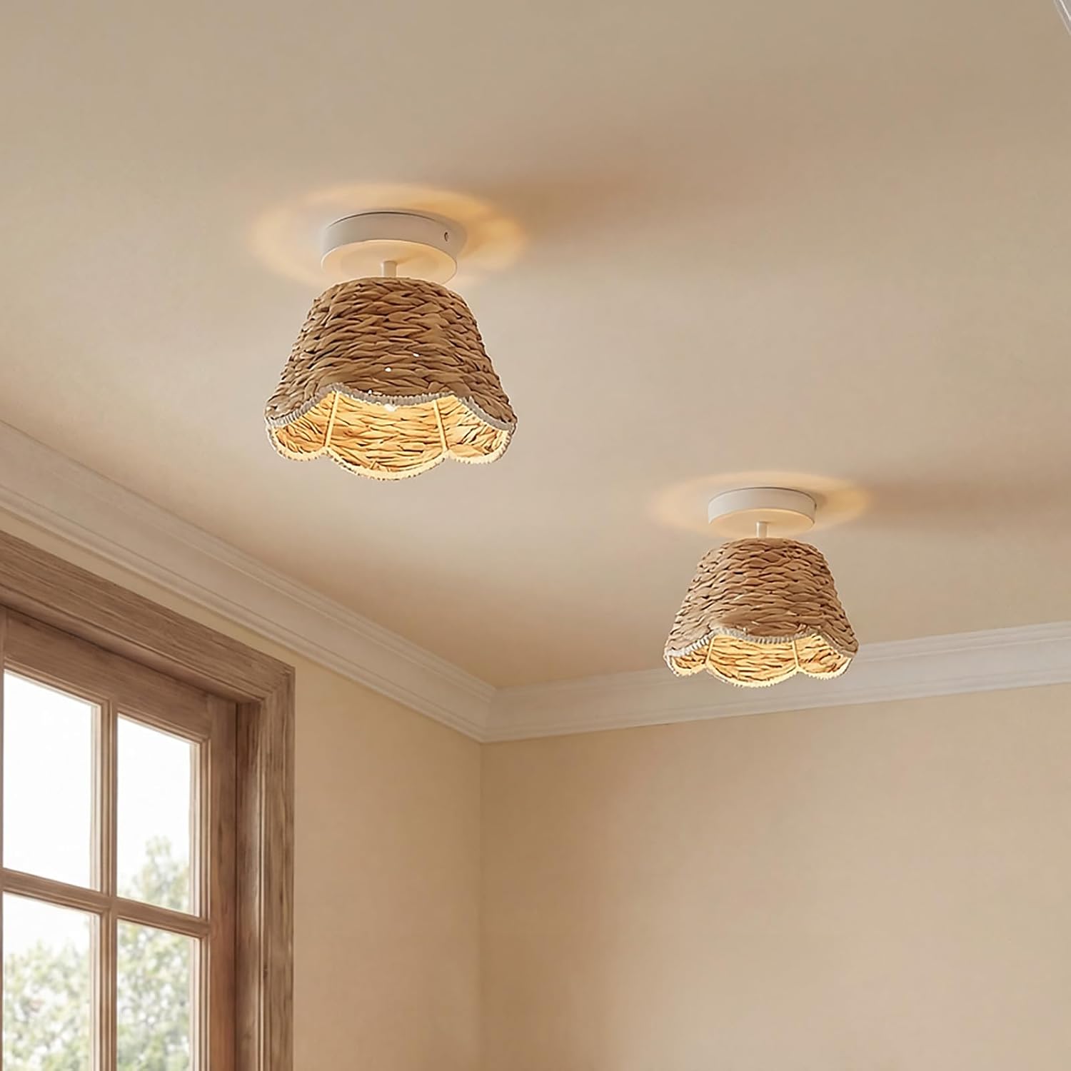 Handwoven Rattan Semi Flush Mount, Farmhouse Ceiling Light with White Metal Ceiling Mount, Natural Wicker Basket Ceiling Lamp for Bedroom, Kitchen, Boho Home Decor (10.2" D x 6.7" H)