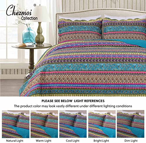 Chezmoi Collection Odette 3-Piece Boho Chic Blue Pink And Purple Pre-Washed 100% Cotton Bohemian Bedspread Quilt Set, King Size #TOP6