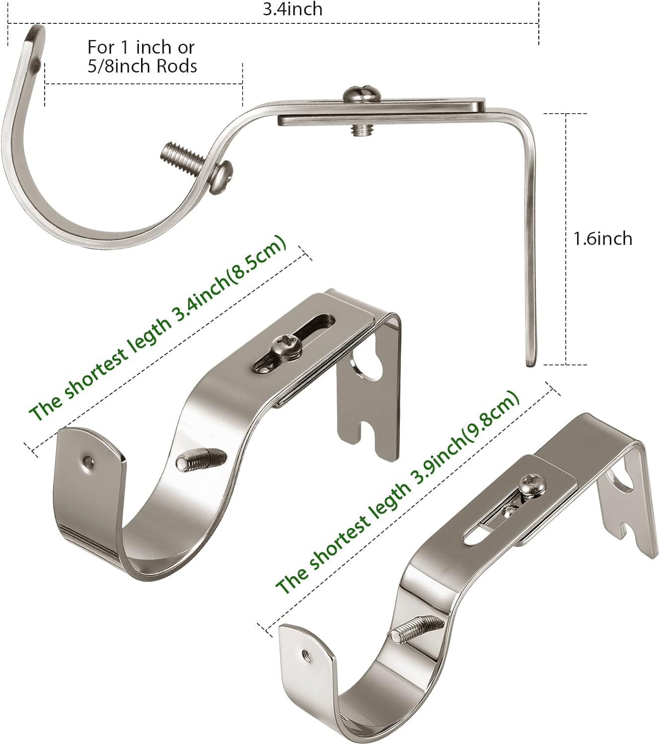 Frienda 10 Pcs Brushed Nickel Curtain Rod Support Brackets Adjustable Curtain Rod Hangers for 1 Inch Diameter General Hardware Holders Wall Bracket Hanger Hooks with Screws