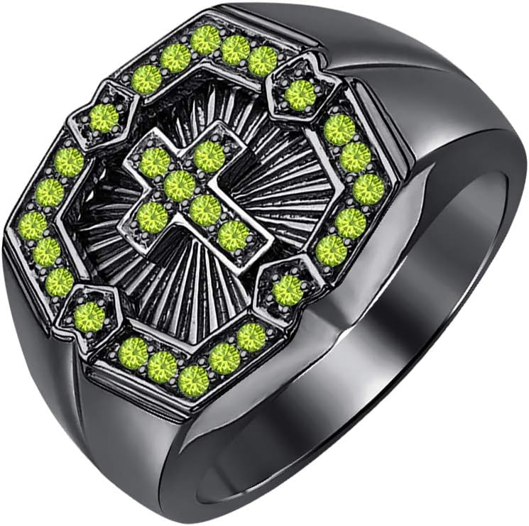 0.40 CTW Round Cut Peridot 14k Black Gold Plated Cross Ring for Men's.
