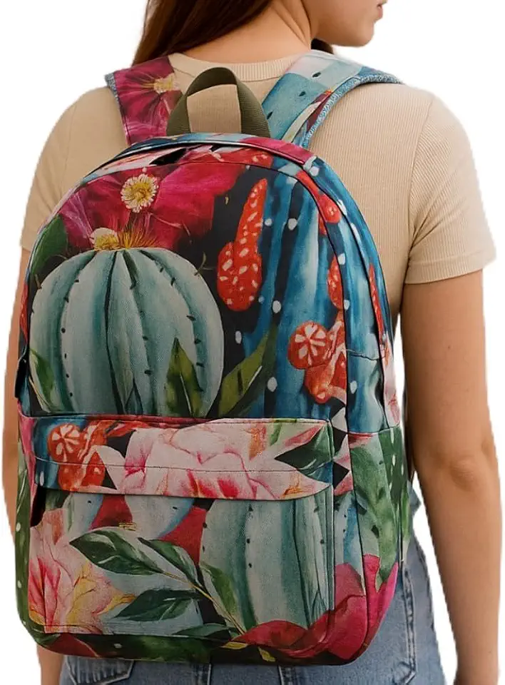 Mochila Casual Flor Floral Feminina em Nylon Leve Resistente com Bolso Externo com Zíper Alças Acolchoadas Ajustáveis Para Trabalho Faculdade Passeio Espaço Interno Amplo