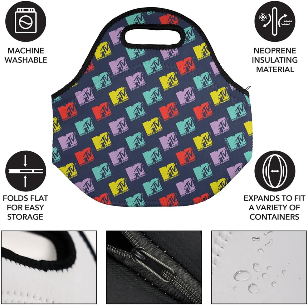Popfunk MTV Repeat Pattern Soft Neoprene Lunch Bag, Lightweight, Insulated, Reusable for School, Work, Office