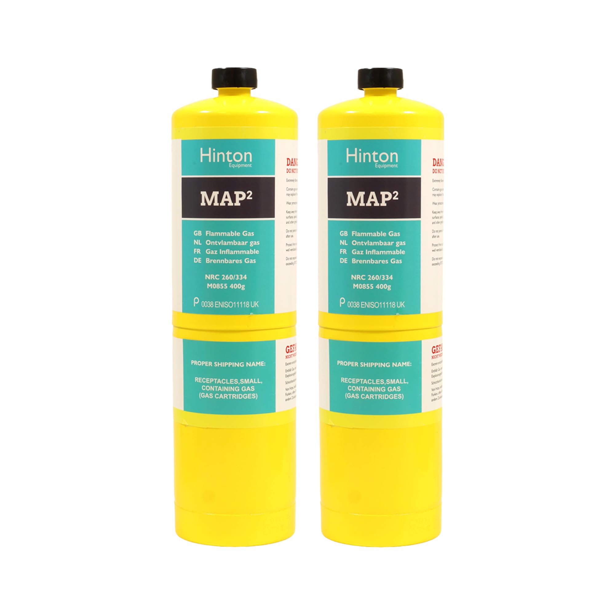 Hinton MAP PRO Gas Cylinder 400g - Pack of 2 | MAPP Gas Bottle for Blowtorch, Plumbing, Brazing, Soldering & Heating | CGA600 Propylene Torch Fuel