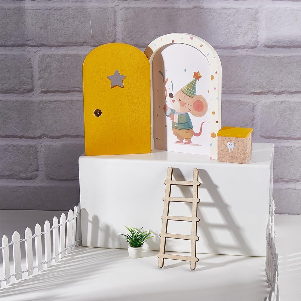 WADORN Mini Wooden Door Kit Magical Fairy Doors with Ladder Box Decorative Card, Fairy Garden Micro Landscape Decoration Festival Little Magical Doors DIY Craft Gifts for DIY Craft Yard Decor