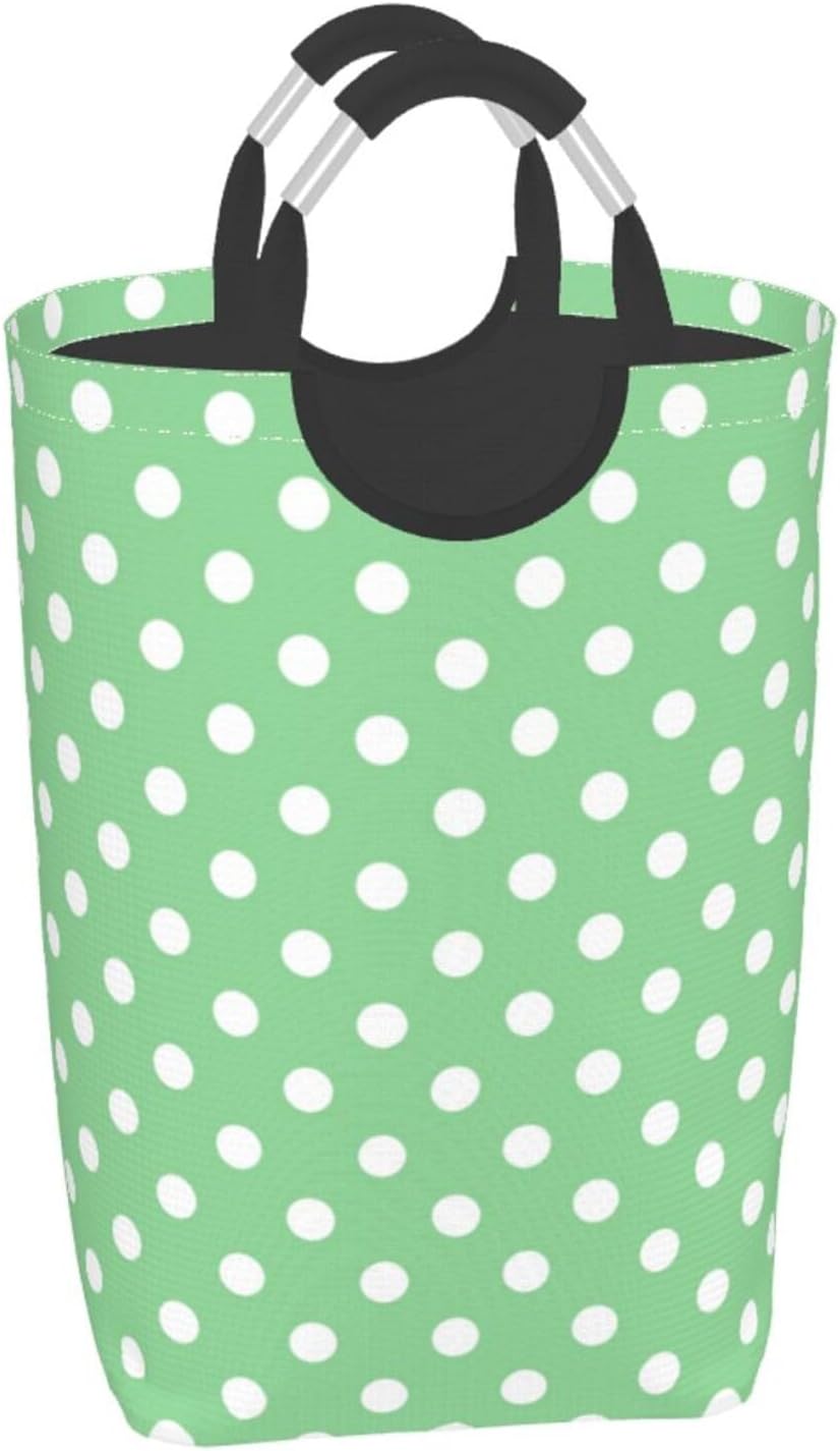 Large Laundry Basket, Light Green White Polka Dots Laundry Hamper Bag Collapsible Washing Bin With Handles for College Dorm, Family Essentials Storage