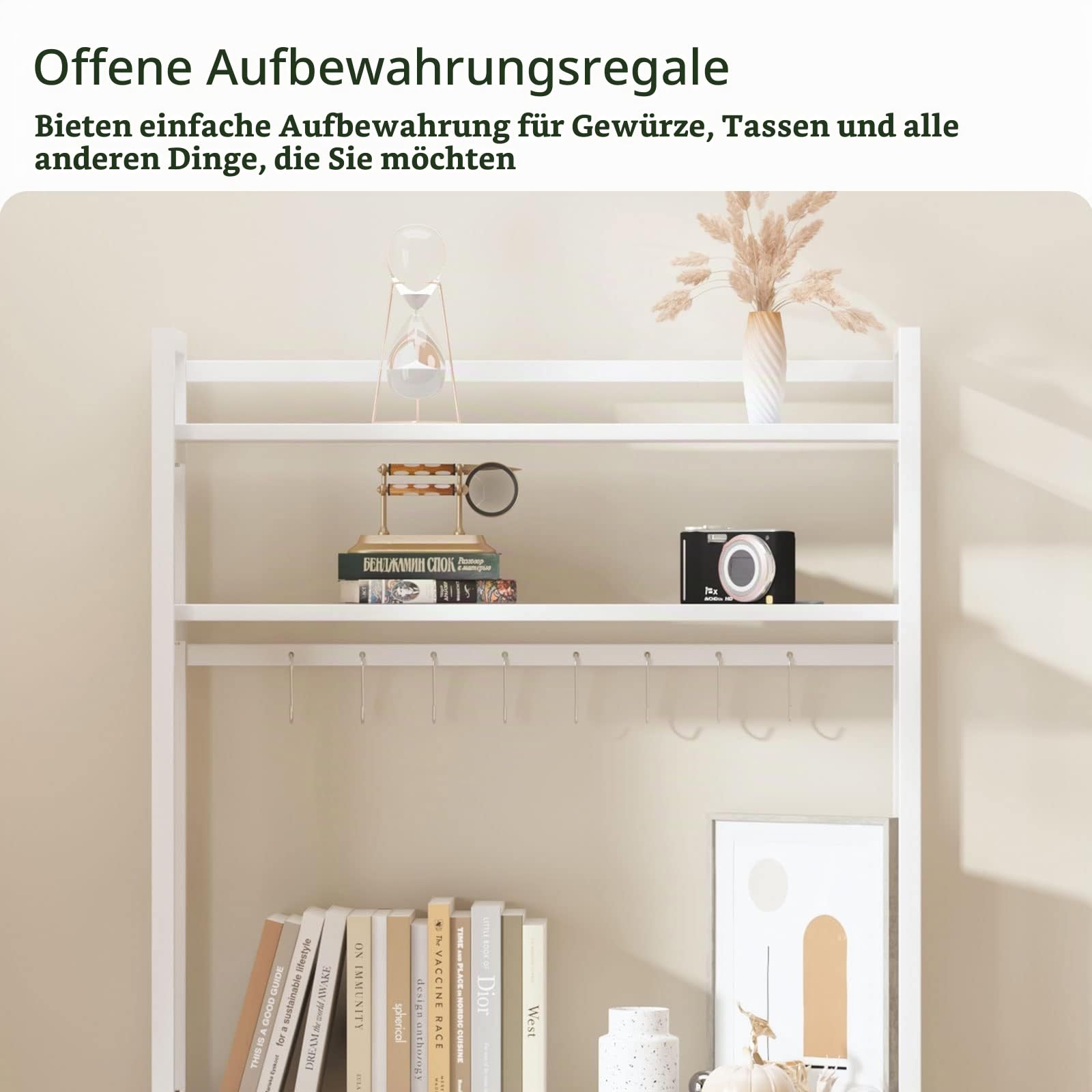 SogesHome Bäckerregal 5-Tier Standregal Küchenregal Mikrowellenregal mit 8 Haken für Geschirr Stehend Aufbewahrungsregal aus Holz und Stahlgestell, 80 x 40 cm