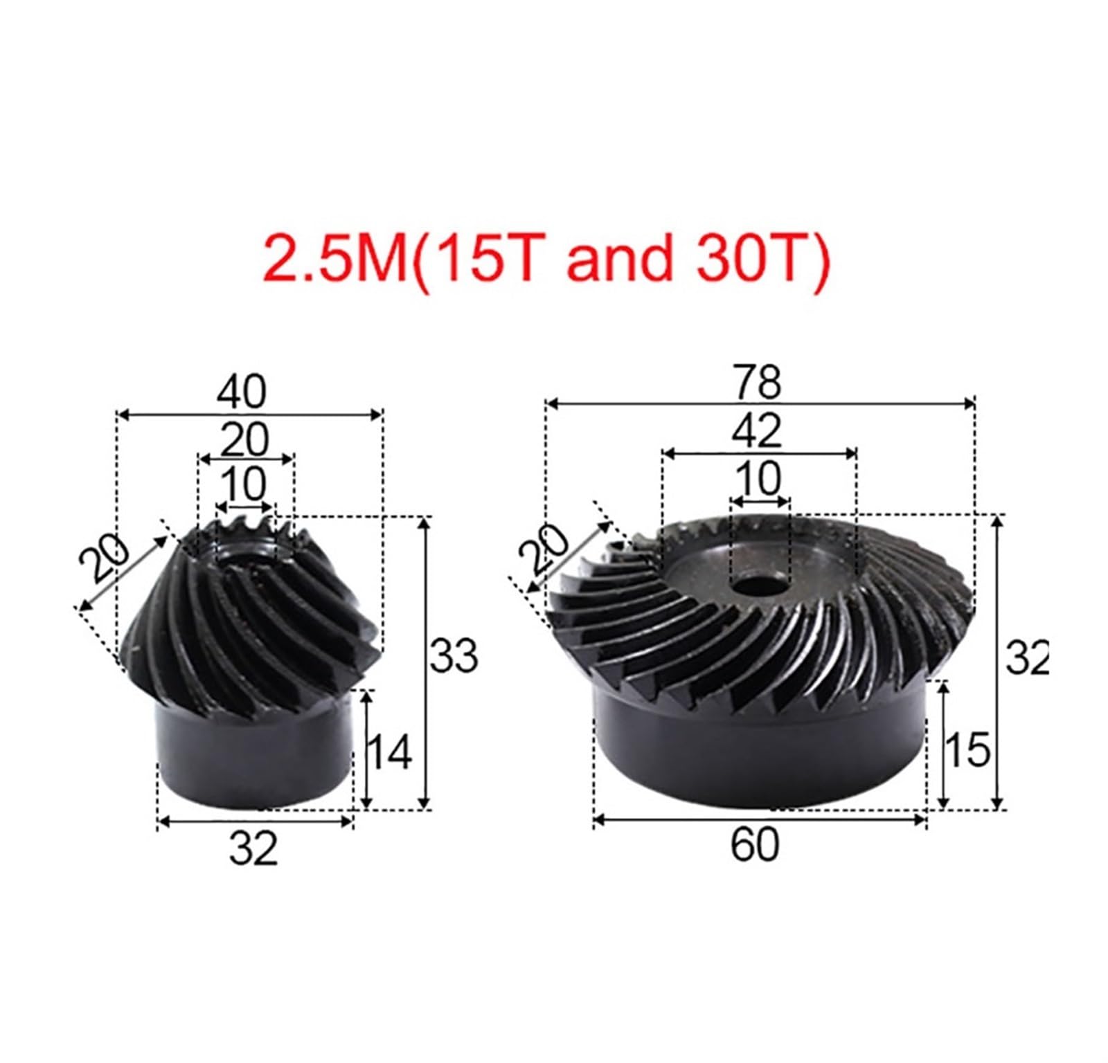 Bevel Gear Pinion Hardware Mechanical 1Set 1:2 15-20 Tooth 1/1.5/2/2.5Module Helical Bevel Gear 90 Degrees Steel Mechanical Transmission Gear Process Hole(2.5M(15T and 30T))