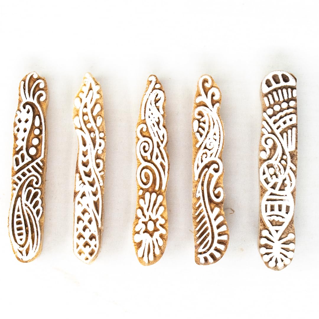 Hashcart | Set of 5 | Wooden Stamp Block, Printing Stamp Design Set | Block for Printing Saree Border | Dresses, Craft Card Making, Scrapbook, Clay Pottery