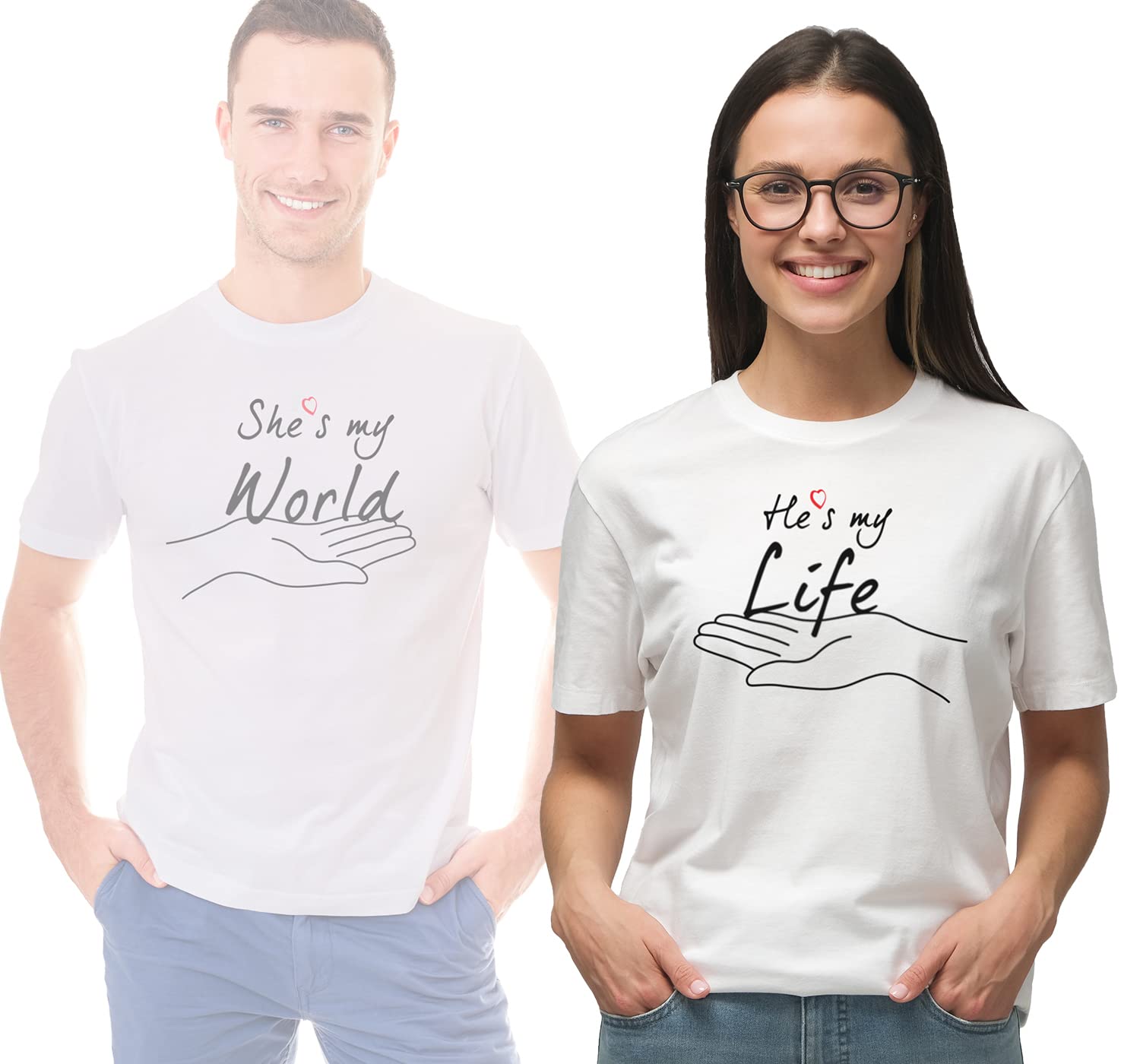GenericHe's my Life She's my World Round Crew Neck Couple T Shirt Valentines Day Heart Date with Text Front Vinyl Printing