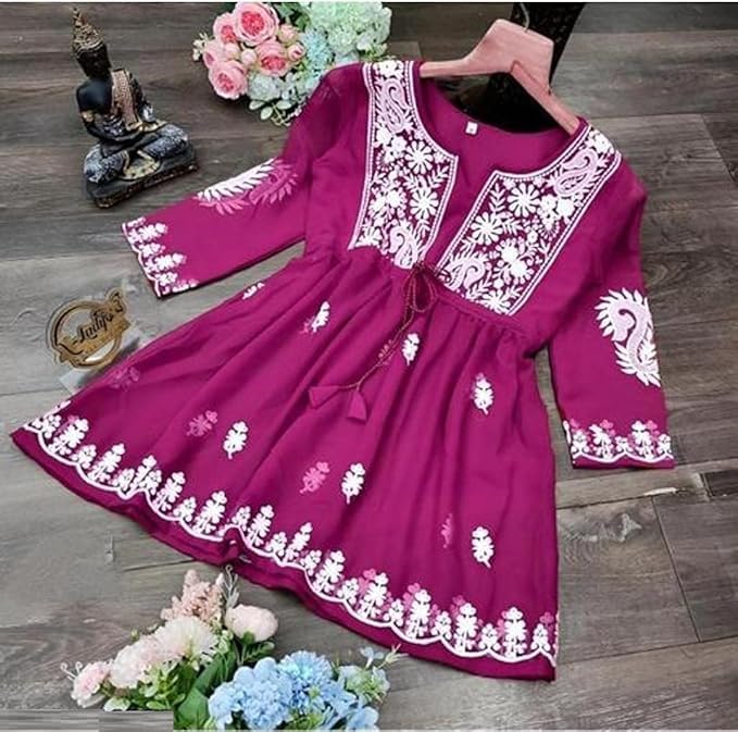 Image of Gauri Laxmi Enterprise Women's Embroidered Georgette Peplum Top | Ethnic Tunic Kurti with Sheer Sleeves | Casual Top for Women