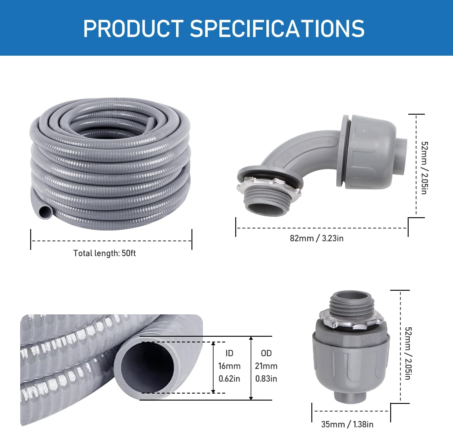 Z 1/2" Dia * 50 Feet Flexible Electrical Conduit Liquid Tight PVC Conduit Kit with 5 PCS Coupling, 5 PCS Elbow and 10 PCS Strap