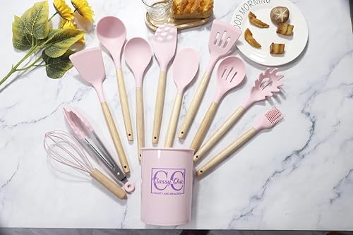 Miniatura 2 de Juego de utensilios de cocina de silicona y madera, juego de utensilios de cocina de 12 piezas, antiadherentes, resistentes al calor, sin BPA,