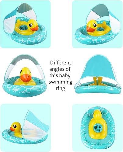 Miniatura 2 de Flotador doble para piscina para bebé con asiento de seguridad ajustable, toldo UPF 50+ extraíble solar, flotador inflable estilo animal, flotador