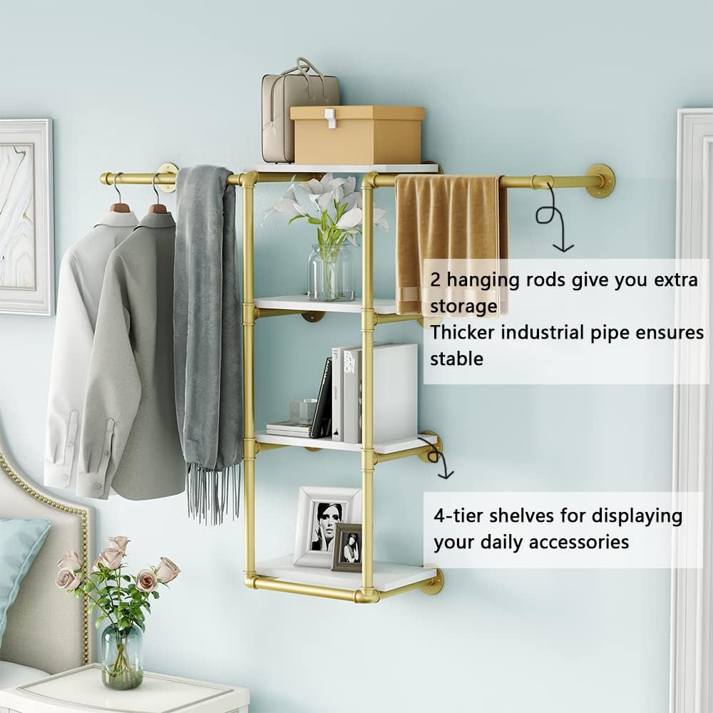 Wall Mounted Pipe Clothing Rack with Shelf,Gold Industrial Clothes Rack with 4 Tier Closet Bar Heavy Duty Iron Garment Rack, Retail Display Clothes Rod for Hanging Clothes,Laundry Room (Gold)