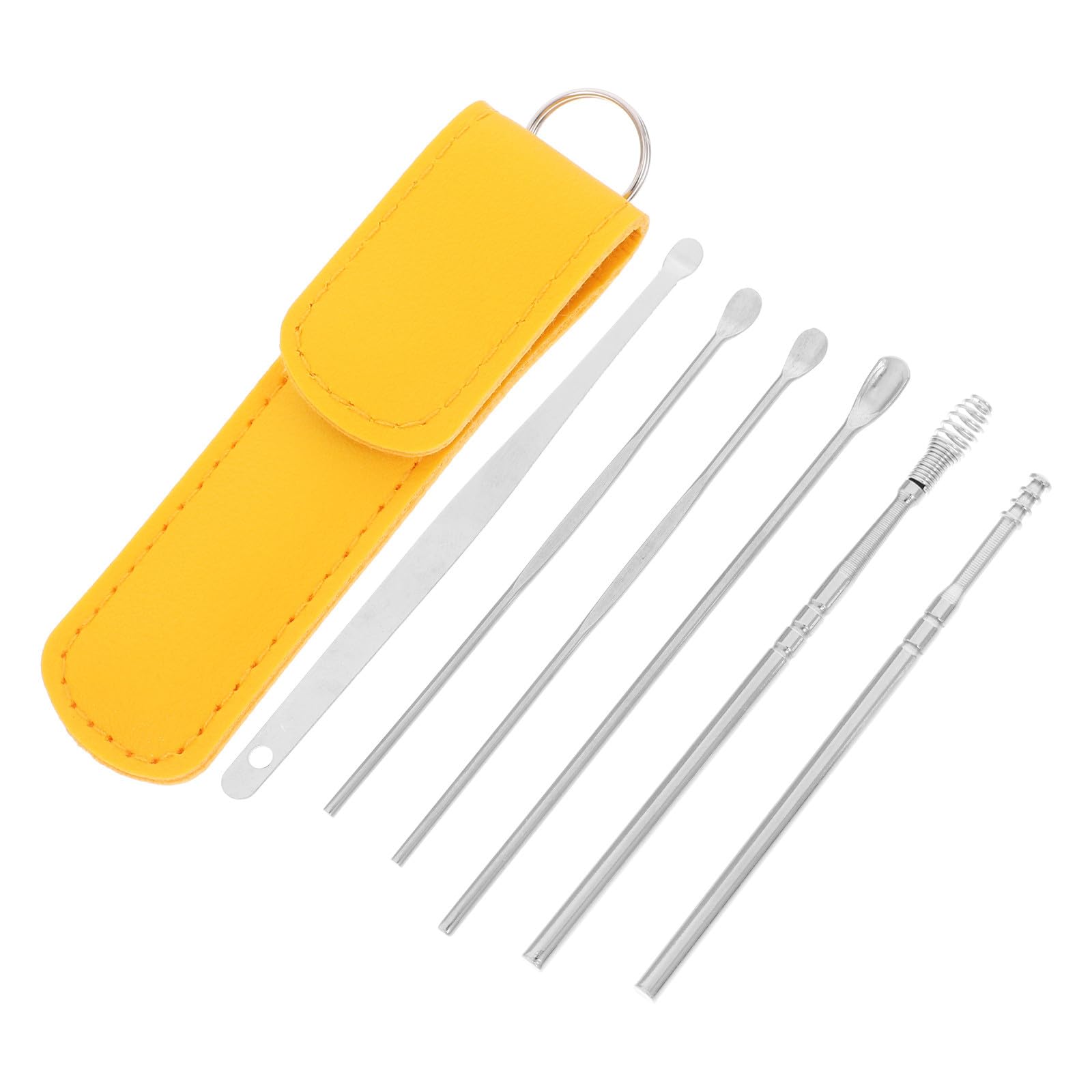 Stainless Steel Ear Picks 6pcs Set with Yellow Pu Case Portable Earwax Removal Tools Spiral Ear Cleaning Spoon