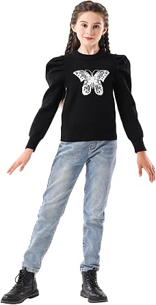 SMILING PINKER Girls Sweater Pullover Puff Sleeve Crew Neck Butterfly Camellia Knitted Crop Top