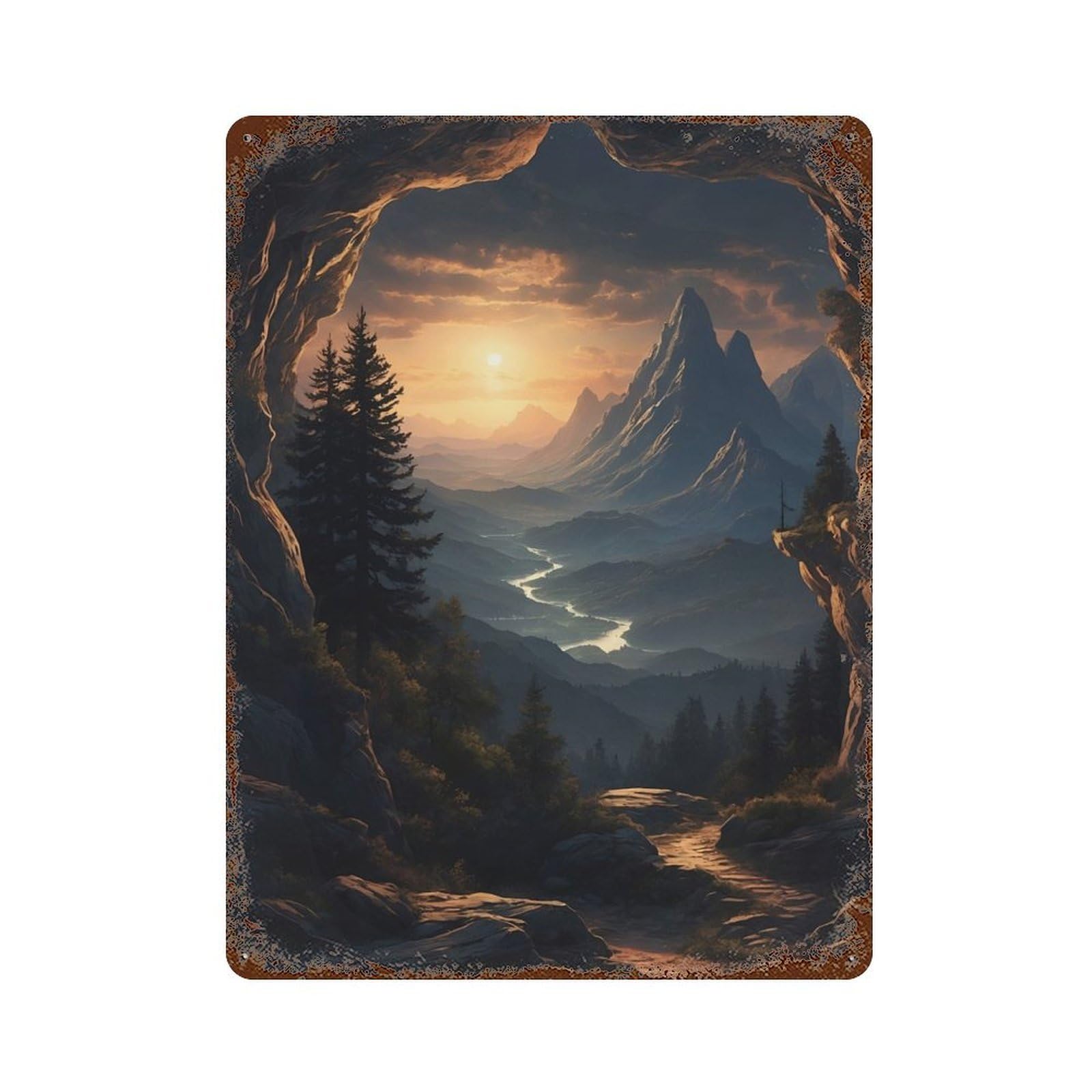Aged Metal Wall Plaque with Tranquil View from A Cave Design 15.7"x11.8", for Farmhouse, Kitchen And Entryway Decor, Retro Wall Decor