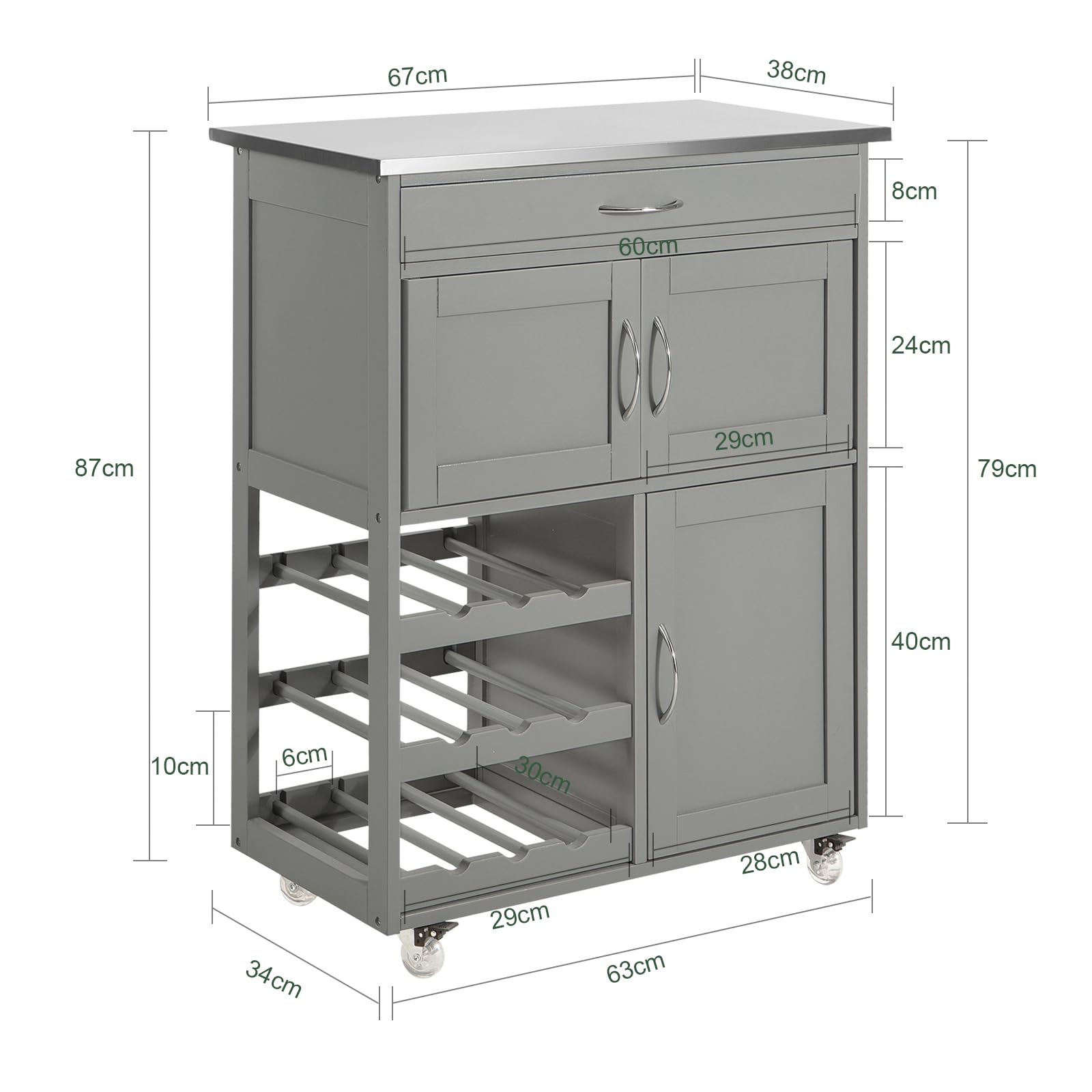 SoBuy Mobile Cucina Salvaspazio con Ruote Carrello Cucina con Cassetti e Portabottiglie, Mobiletto Credenza credenza cucina per Cucina o Sala da Pranzo, Grigio Chiaro 67x86x38cm FKW45-HG