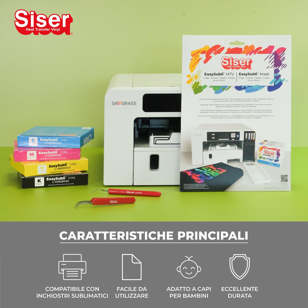 Siser Easy Subli pack 5+5, vinile termotrasferibile termoadesivo stampabile con stampanti ad inchiostri sublimatici. 5 fogli formato a4 di Easy subli e 5 fogli formato A4 di application tape